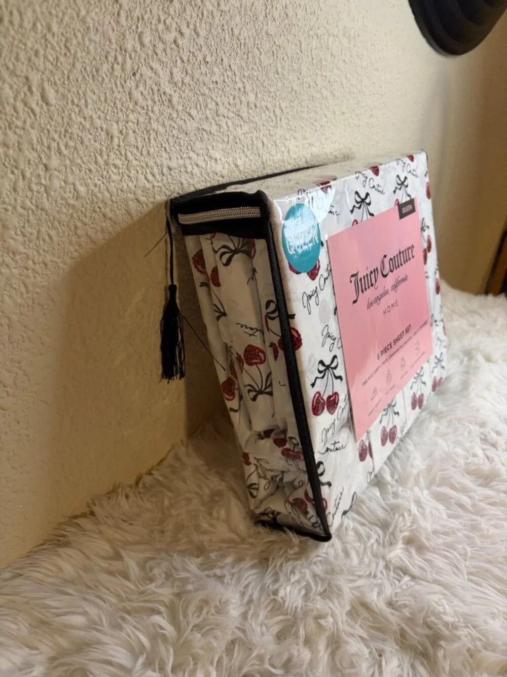 Juicy Couture Queen Cherry Bow Sheet Set 6 Pc White Black Pink NWT